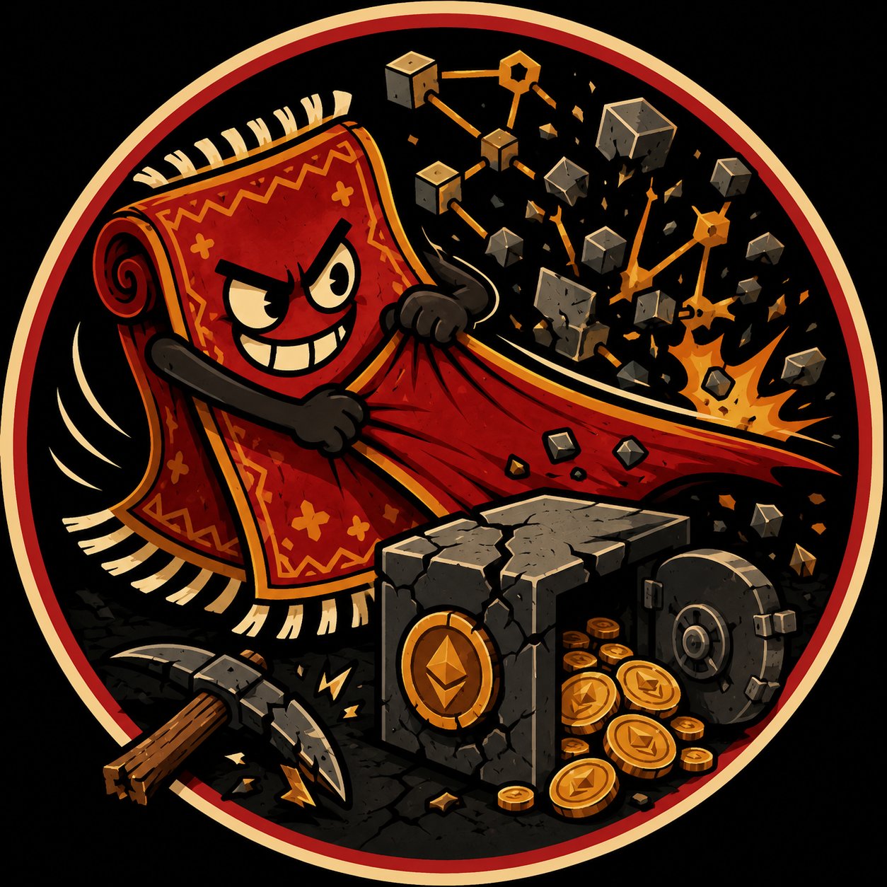 The RUGDAG character pulling the rug on a broken vault spilling coins